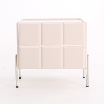 Contemporary Scandinavian Cream 2-Drawer Nightstand - Sintered Stone Top Embossed Cube Bedside Table For Bedroom