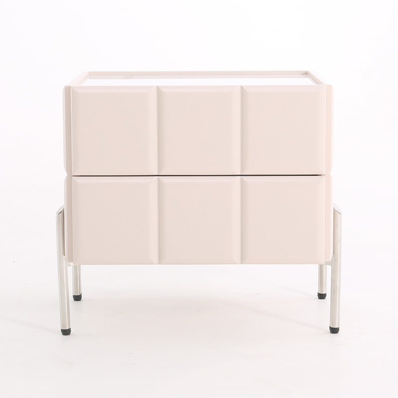 Contemporary Scandinavian Cream 2-Drawer Nightstand - Sintered Stone Top Embossed Cube Bedside Table For Bedroom