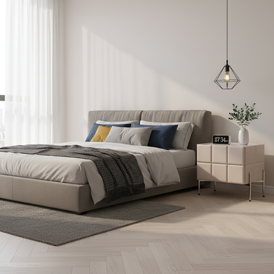 Contemporary Scandinavian Cream 2-Drawer Nightstand - Sintered Stone Top Embossed Cube Bedside Table For Bedroom