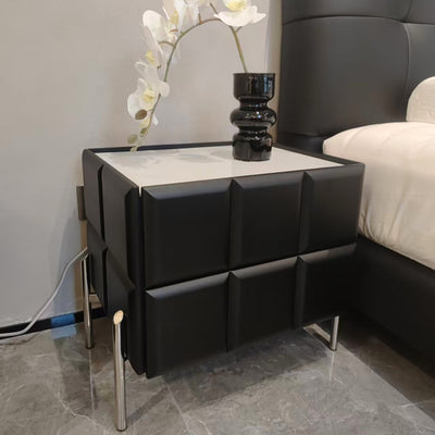 Contemporary Scandinavian Cream 2-Drawer Nightstand - Sintered Stone Top Embossed Cube Bedside Table For Bedroom