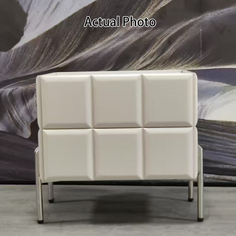 Contemporary Scandinavian Cream 2-Drawer Nightstand - Sintered Stone Top Embossed Cube Bedside Table For Bedroom