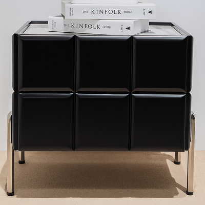 Contemporary Scandinavian Cream 2-Drawer Nightstand - Sintered Stone Top Embossed Cube Bedside Table For Bedroom