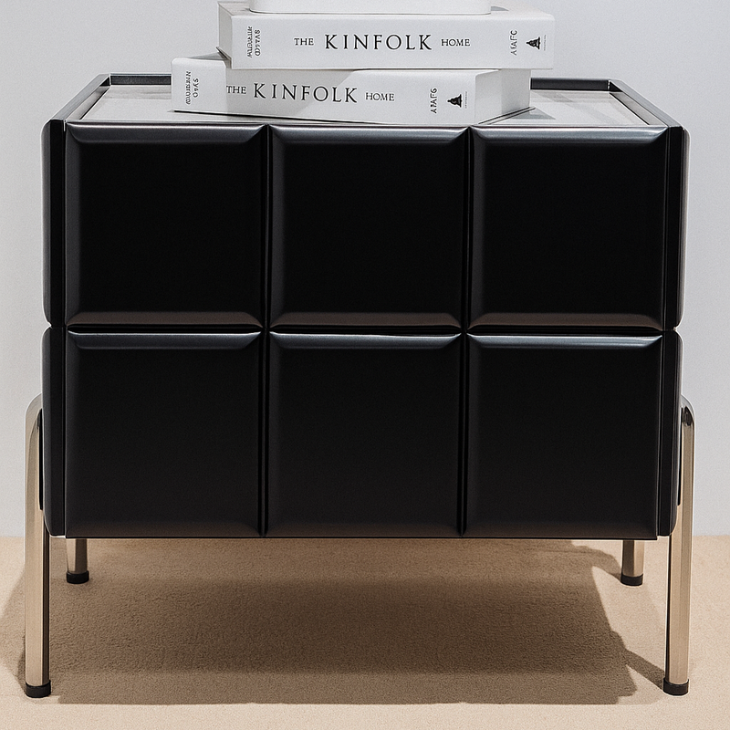 Contemporary Scandinavian Cream 2-Drawer Nightstand - Sintered Stone Top Embossed Cube Bedside Table For Bedroom