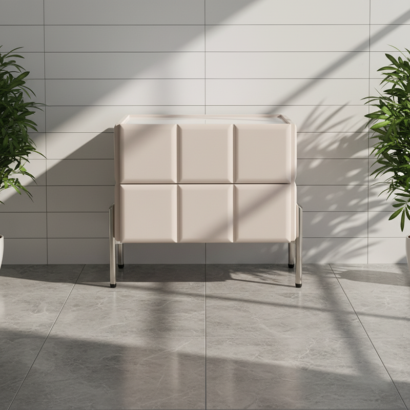 Contemporary Scandinavian Cream 2-Drawer Nightstand - Sintered Stone Top Embossed Cube Bedside Table For Bedroom