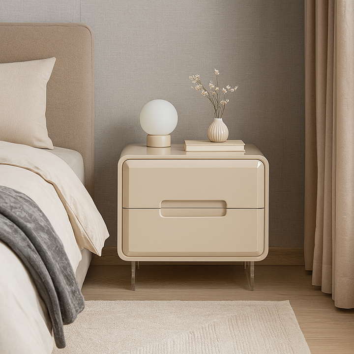 Zeitgenössischer skandinavischer weicher beiger 2-Schubladen-Aufbewahrungsnachttisch - Design mit abgerundeten Ecken, klare Acrylbeine, Nachttisch für das Schlafzimmer 