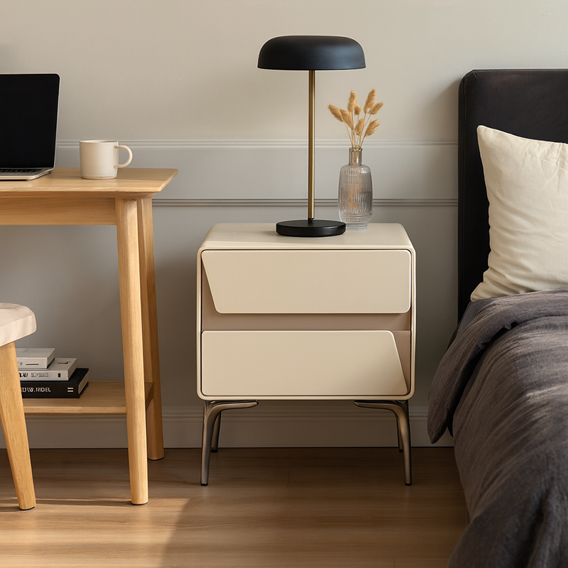 Table de chevet de rangement moderne de luxe beige à 2 tiroirs - table d’appoint géométrique bicolore à panneaux pour chambre à coucher 