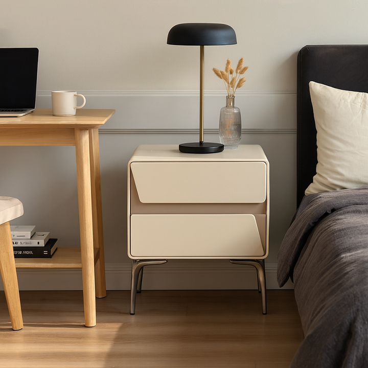 Moderner Luxus Beige 2-Schubladen Aufbewahrungsnachttisch - Zweifarbiges Paneel-Design Geometrischer Nachttisch Für Schlafzimmer 