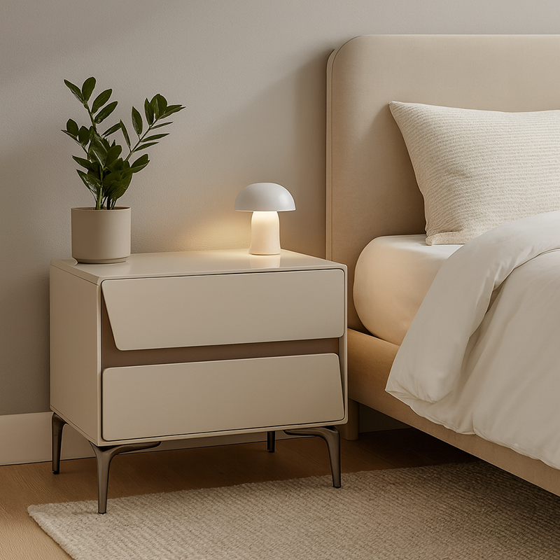 Table de chevet de rangement moderne de luxe beige à 2 tiroirs - table d’appoint géométrique bicolore à panneaux pour chambre à coucher 
