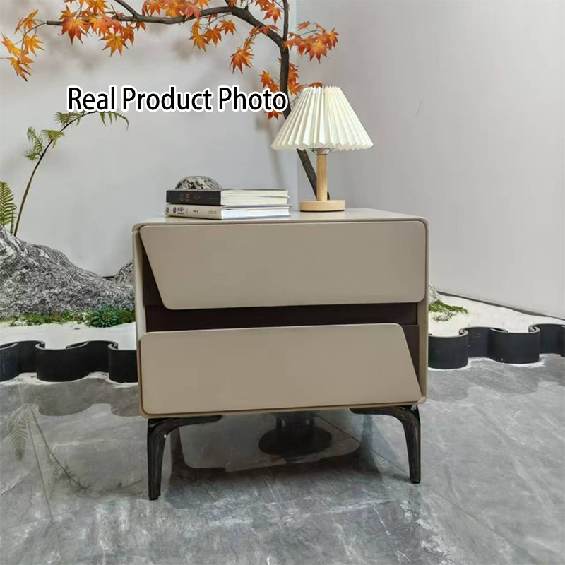 Table de chevet de rangement moderne de luxe beige à 2 tiroirs - table d’appoint géométrique bicolore à panneaux pour chambre à coucher 