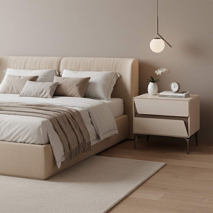 Table de chevet de rangement moderne de luxe beige à 2 tiroirs - table d’appoint géométrique bicolore à panneaux pour chambre à coucher 