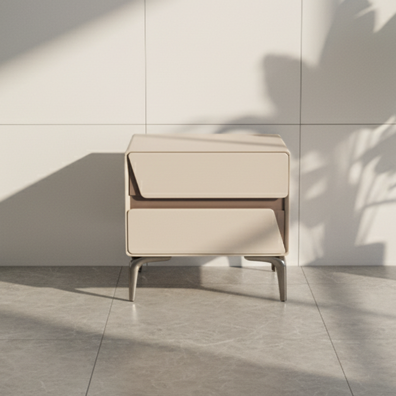 Table de chevet de rangement moderne de luxe beige à 2 tiroirs - table d’appoint géométrique bicolore à panneaux pour chambre à coucher 