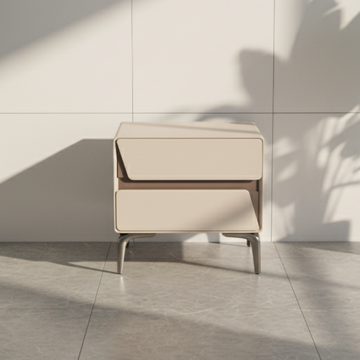 Table de chevet de rangement moderne de luxe beige à 2 tiroirs - table d’appoint géométrique bicolore à panneaux pour chambre à coucher 