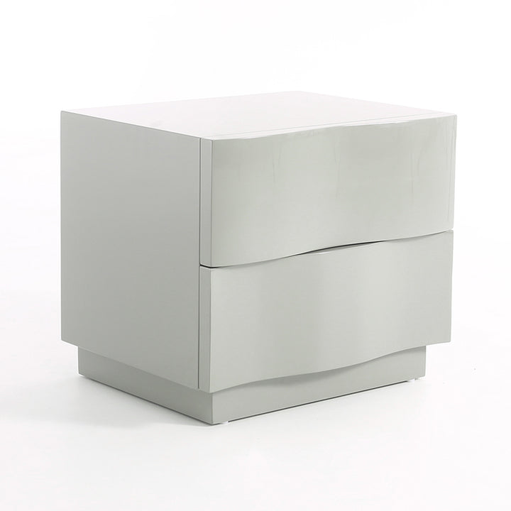 Contemporary Scandinavian Greige 2-Drawer Storage Nightstand - 3D Wave Pattern Drawers Bedside Table For Bedroom