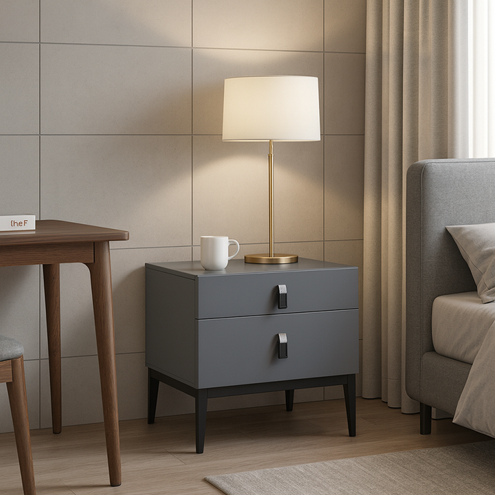 Moderner Luxus Quadrat Morandi Grau 2-Schubladen Aufbewahrungsnachttisch - Minimalistischer Eleganz Nachttisch für Schlafzimmer 