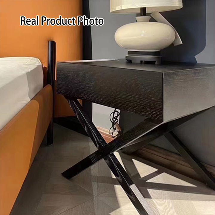 Modern Minimalist 1-Drawer Storage Nightstand - X-Shaped Iron Legs Bedside Table For Bedroom