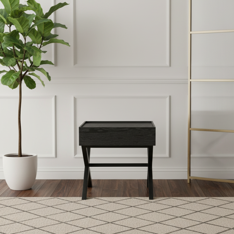 Modern Minimalist 1-Drawer Storage Nightstand - X-Shaped Iron Legs Bedside Table For Bedroom