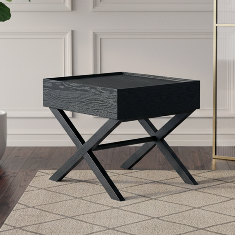 Modern Minimalist 1-Drawer Storage Nightstand - X-Shaped Iron Legs Bedside Table For Bedroom