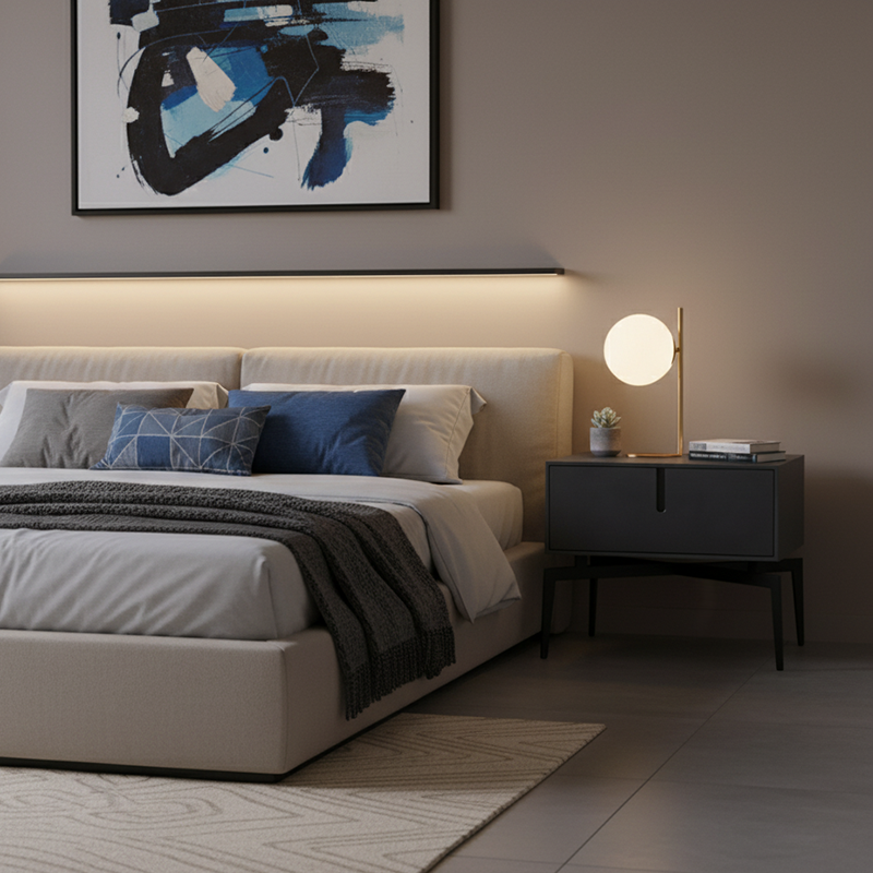 Moderner minimalistischer quadratischer dunkelgrauer Nachttisch mit 1 Schublade für das Schlafzimmer 