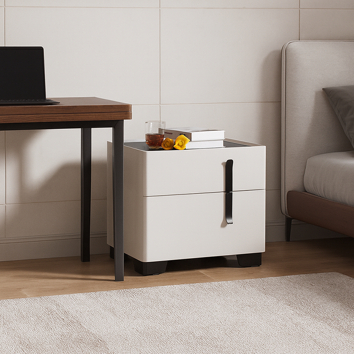 Contemporary Scandinavian Square Beige 2-Drawer Storage Nightstand - Minimalist Bedside Table For Bedroom