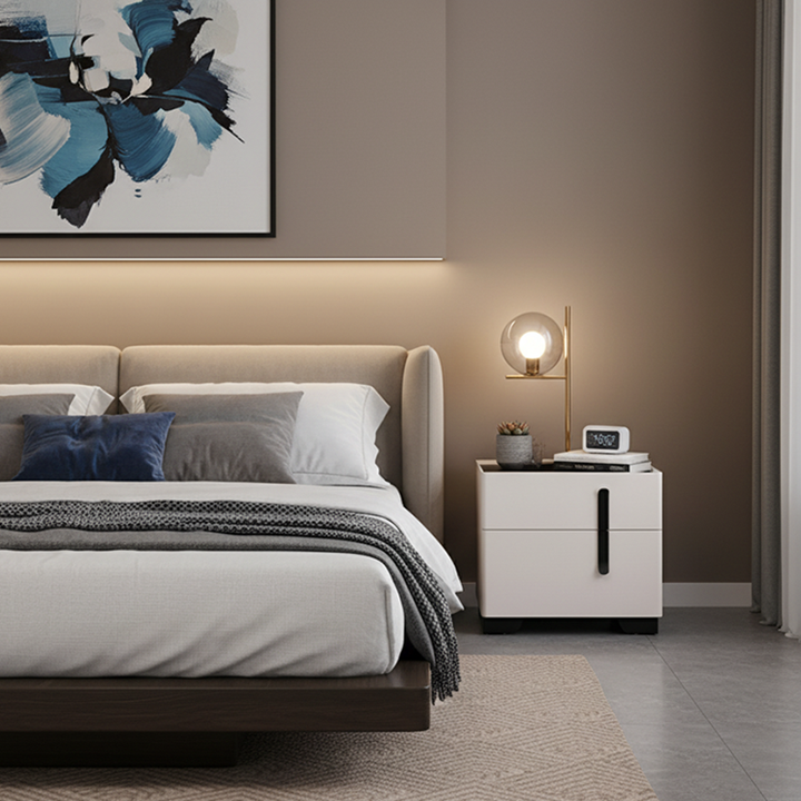 Contemporary Scandinavian Square Beige 2-Drawer Storage Nightstand - Minimalist Bedside Table For Bedroom