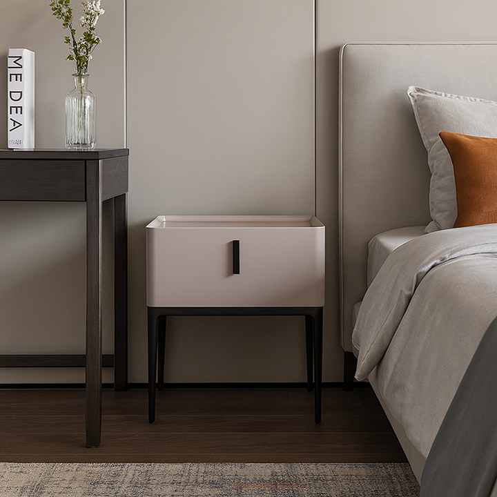 Contemporary Scandinavian Bedside Table - Square Beige 1-Drawer Storage Nightstand For Bedroom