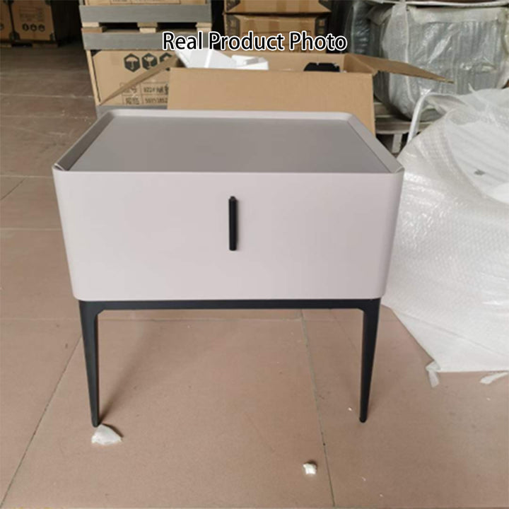 Contemporary Scandinavian Bedside Table - Square Beige 1-Drawer Storage Nightstand For Bedroom