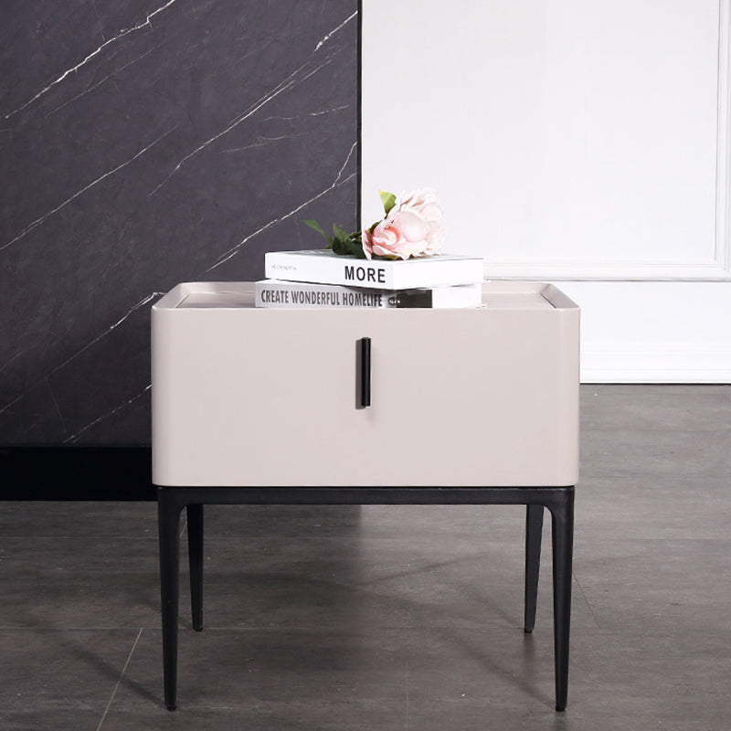 Contemporary Scandinavian Bedside Table - Square Beige 1-Drawer Storage Nightstand For Bedroom