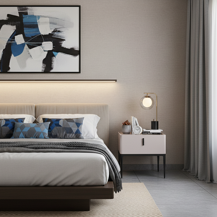 Contemporary Scandinavian Bedside Table - Square Beige 1-Drawer Storage Nightstand For Bedroom