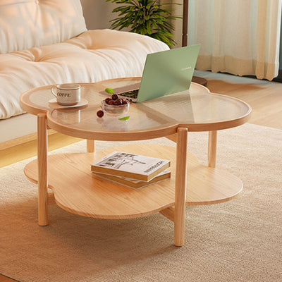 Contemporary Scandinavian Quatrefoil-Shaped Fluted Glass Rubberwood Solid Wood Coffee Table 2-Tier For Living Room