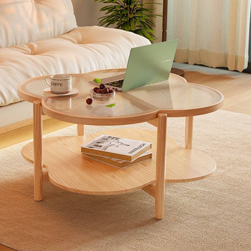 Contemporary Scandinavian Quatrefoil-Shaped Fluted Glass Rubberwood Solid Wood Coffee Table 2-Tier For Living Room