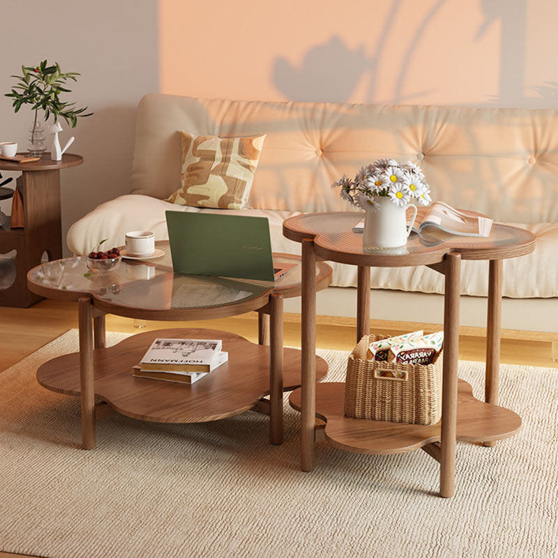 Contemporary Scandinavian Quatrefoil-Shaped Fluted Glass Rubberwood Solid Wood Coffee Table 2-Tier For Living Room