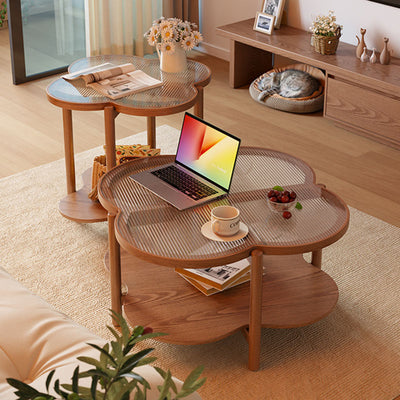 Contemporary Scandinavian Quatrefoil-Shaped Fluted Glass Rubberwood Solid Wood Coffee Table 2-Tier For Living Room