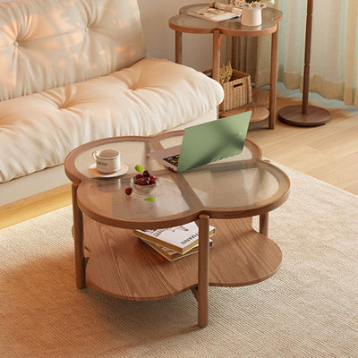 Contemporary Scandinavian Quatrefoil-Shaped Fluted Glass Rubberwood Solid Wood Coffee Table 2-Tier For Living Room