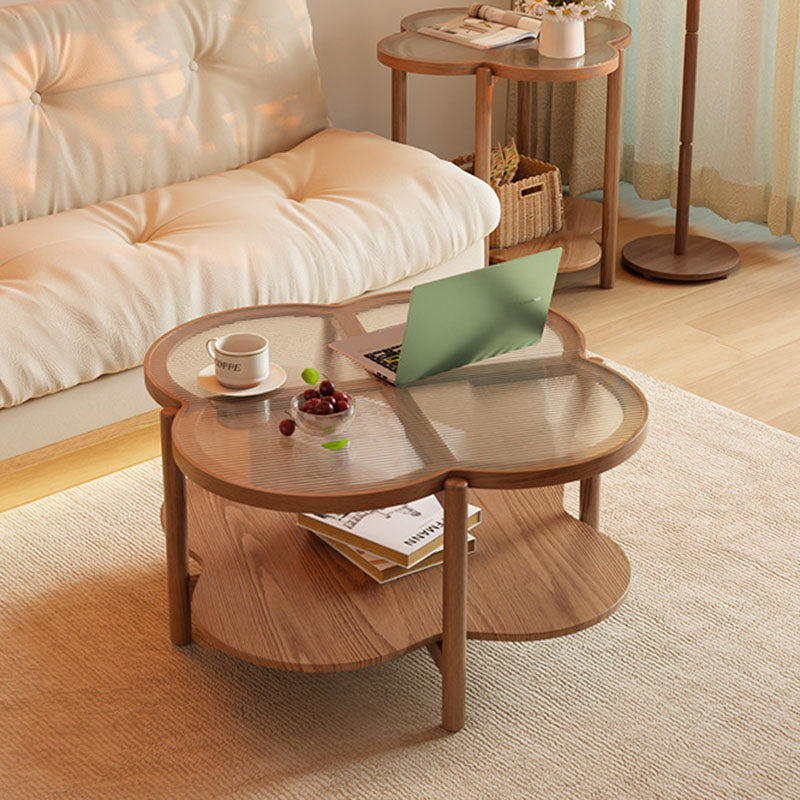 Contemporary Scandinavian Quatrefoil-Shaped Fluted Glass Rubberwood Solid Wood Coffee Table 2-Tier For Living Room