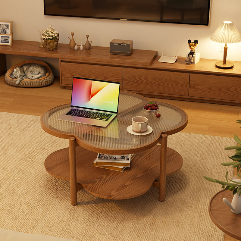 Contemporary Scandinavian Quatrefoil-Shaped Fluted Glass Rubberwood Solid Wood Coffee Table 2-Tier For Living Room