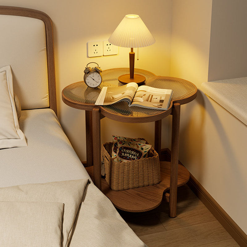 Contemporary Scandinavian Quatrefoil-Shaped Fluted Glass Rubberwood Solid Wood Coffee Table 2-Tier For Living Room