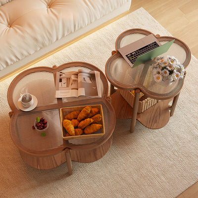 Contemporary Scandinavian Quatrefoil-Shaped Fluted Glass Rubberwood Solid Wood Coffee Table 2-Tier For Living Room