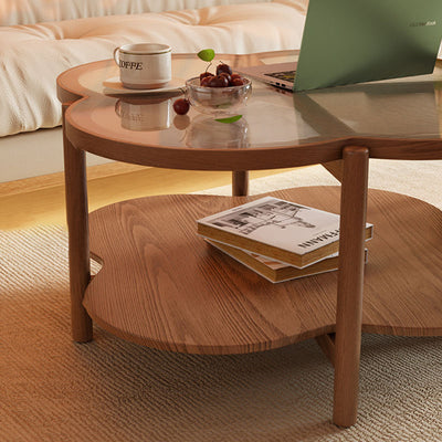 Contemporary Scandinavian Quatrefoil-Shaped Fluted Glass Rubberwood Solid Wood Coffee Table 2-Tier For Living Room