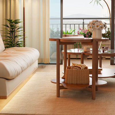 Contemporary Scandinavian Quatrefoil-Shaped Fluted Glass Rubberwood Solid Wood Coffee Table 2-Tier For Living Room