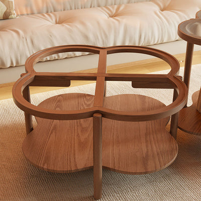 Contemporary Scandinavian Quatrefoil-Shaped Fluted Glass Rubberwood Solid Wood Coffee Table 2-Tier For Living Room