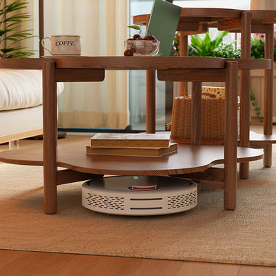 Contemporary Scandinavian Quatrefoil-Shaped Fluted Glass Rubberwood Solid Wood Coffee Table 2-Tier For Living Room