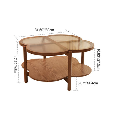 Contemporary Scandinavian Quatrefoil-Shaped Fluted Glass Rubberwood Solid Wood Coffee Table 2-Tier For Living Room