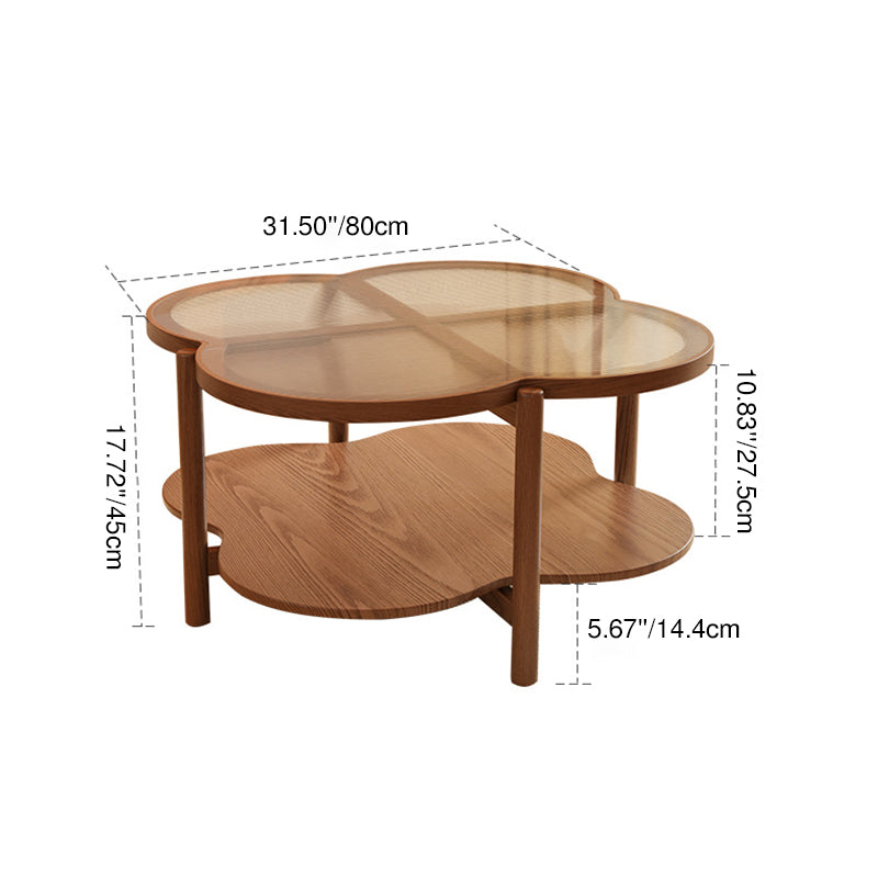Contemporary Scandinavian Quatrefoil-Shaped Fluted Glass Rubberwood Solid Wood Coffee Table 2-Tier For Living Room