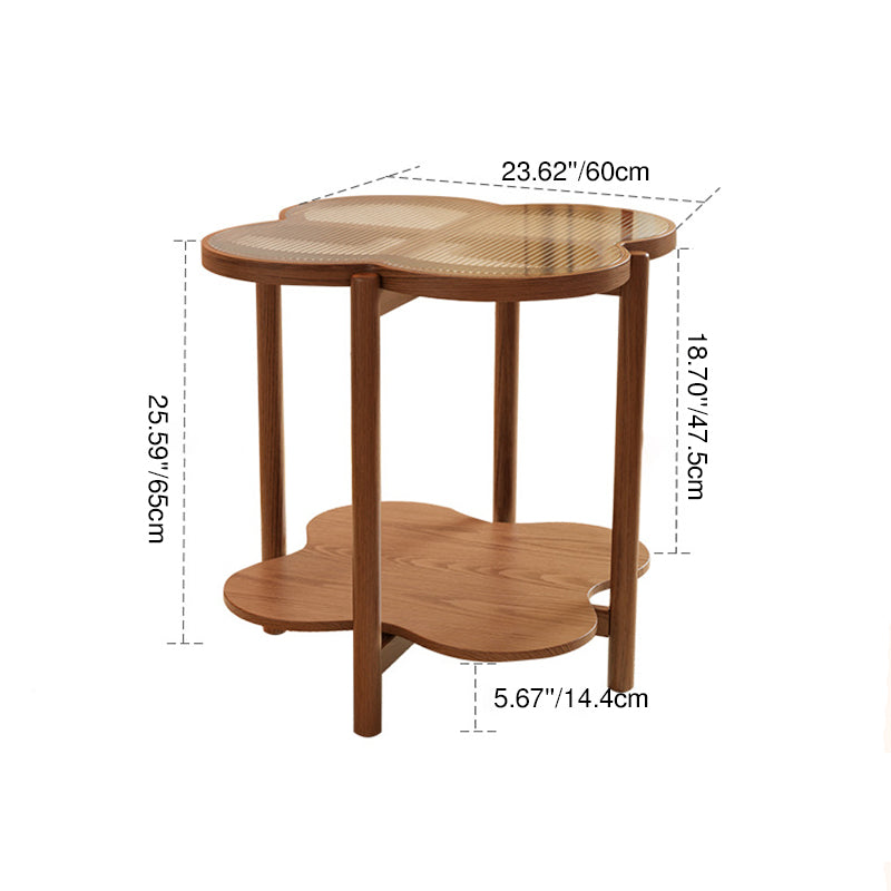 Contemporary Scandinavian Quatrefoil-Shaped Fluted Glass Rubberwood Solid Wood Coffee Table 2-Tier For Living Room
