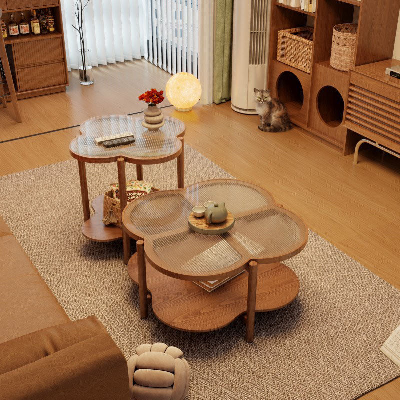 Contemporary Scandinavian Quatrefoil-Shaped Fluted Glass Rubberwood Solid Wood Coffee Table 2-Tier For Living Room