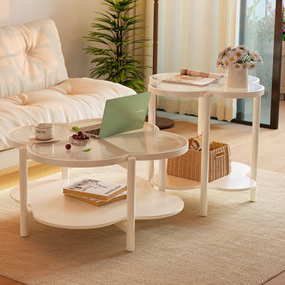 Contemporary Scandinavian Quatrefoil-Shaped Fluted Glass Rubberwood Solid Wood Coffee Table 2-Tier For Living Room