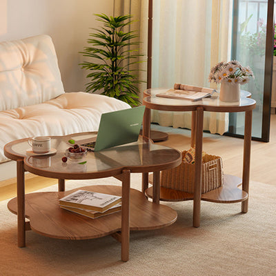 Contemporary Scandinavian Quatrefoil-Shaped Fluted Glass Rubberwood Solid Wood Coffee Table 2-Tier For Living Room