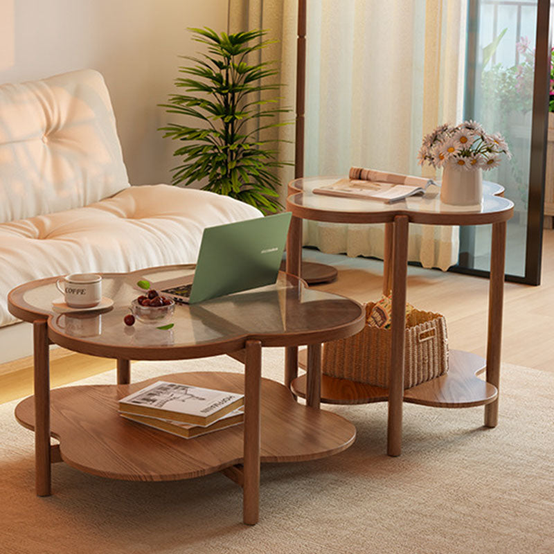 Contemporary Scandinavian Quatrefoil-Shaped Fluted Glass Rubberwood Solid Wood Coffee Table 2-Tier For Living Room