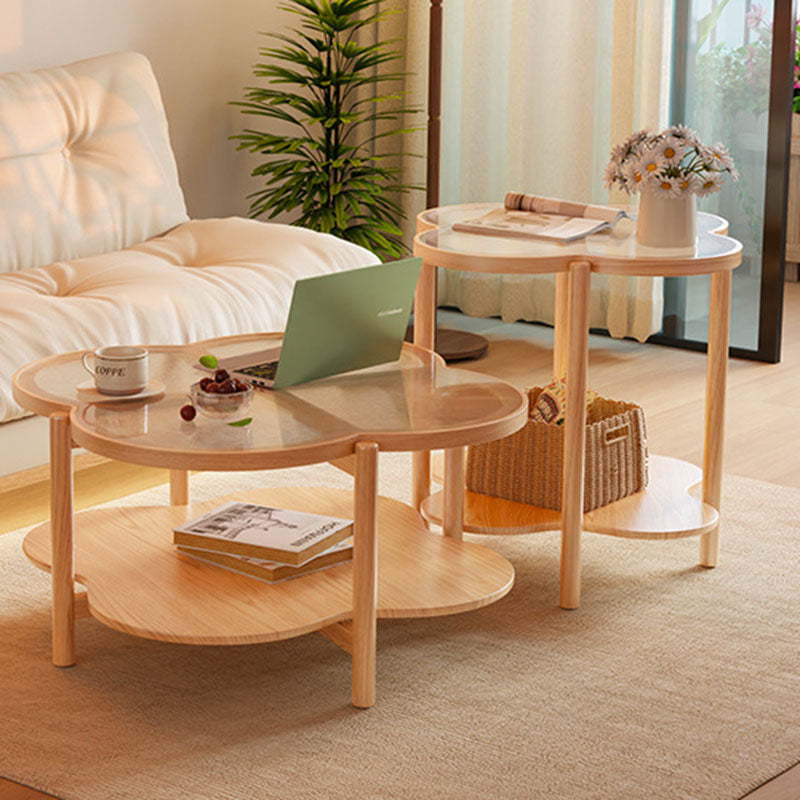 Contemporary Scandinavian Quatrefoil-Shaped Fluted Glass Rubberwood Solid Wood Coffee Table 2-Tier For Living Room