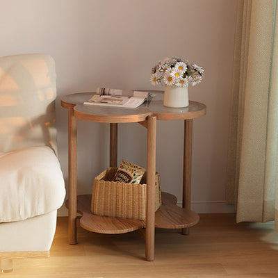 Contemporary Scandinavian Quatrefoil-Shaped Fluted Glass Rubberwood Solid Wood Coffee Table 2-Tier For Living Room